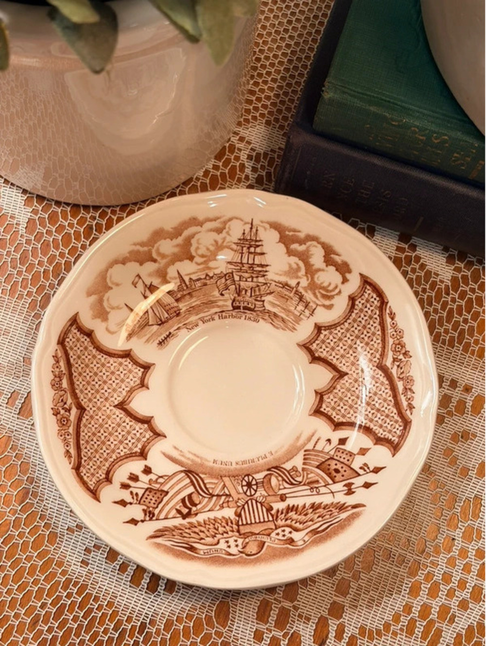 Vintage Alfred Meakin Fair Winds New York Harbor 1830 Brown Saucer England